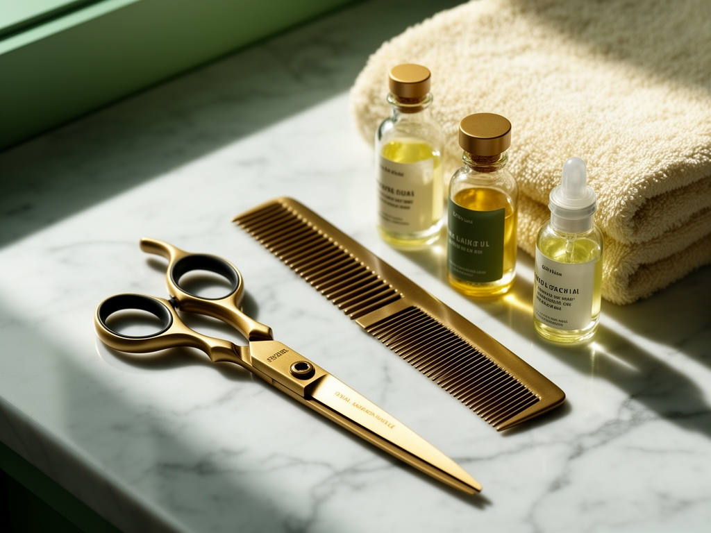 Brushed brass scissors, a comb and glass oil bottles arranged on a marble salon counter
